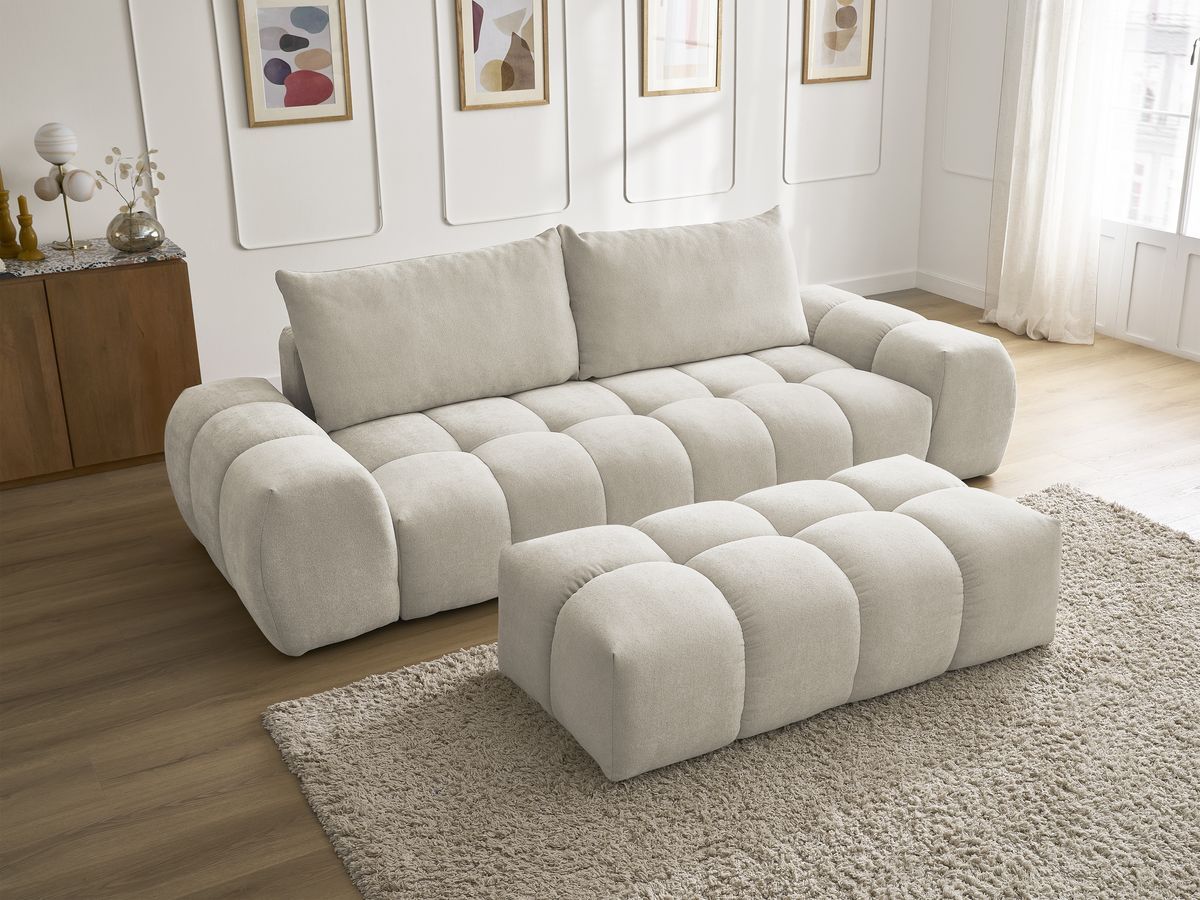 Bobochic Everest Sofa 3-Sitzer mit Pouf, 2 Kissen Strukturstoff Beige