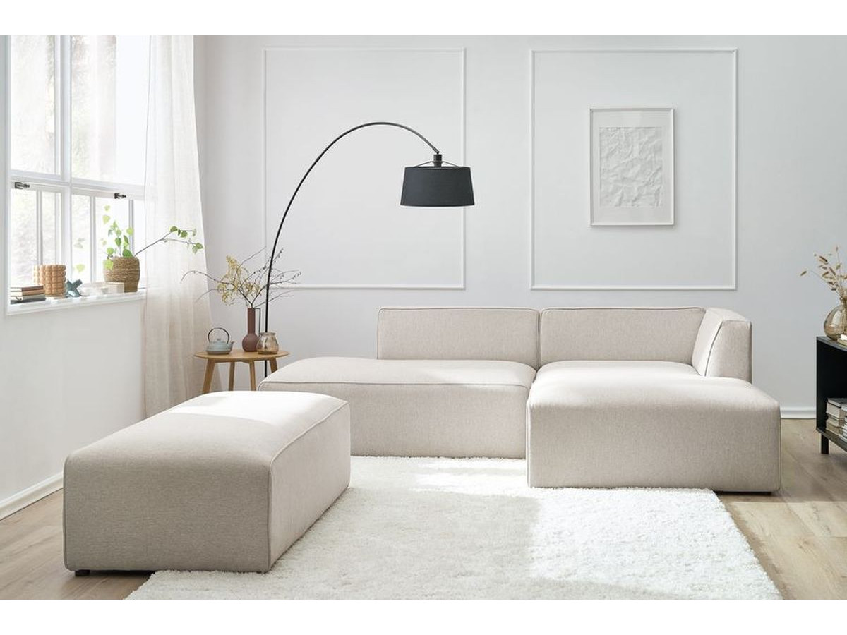 Bobochic Megeve Ecksofa mit Schlaffunktion und Pouf Melange-Stoff Beige Ecke rechts