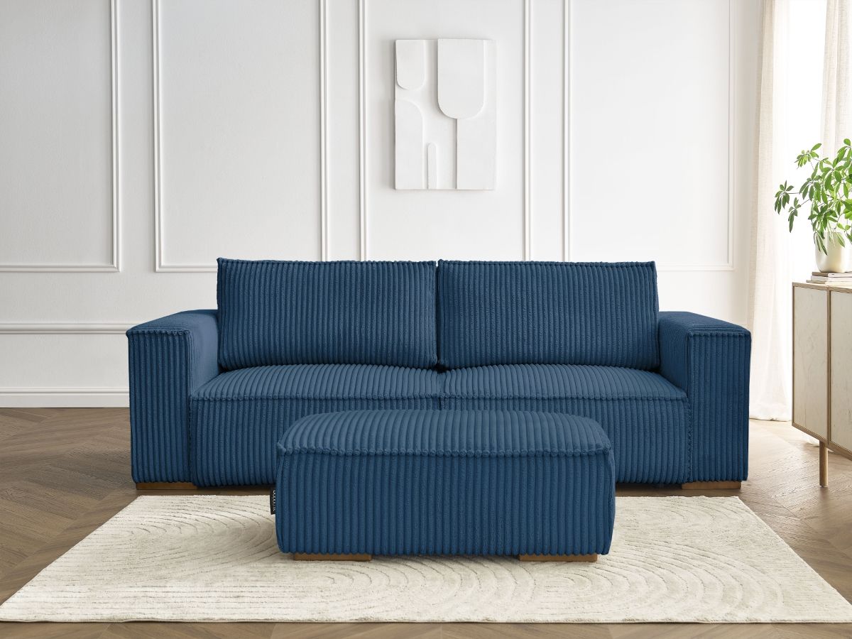 Bobochic Chelsea Schlafsofa 4-Sitzer mit Bettkasten und Pouf Breitcord weich Dunkelblau