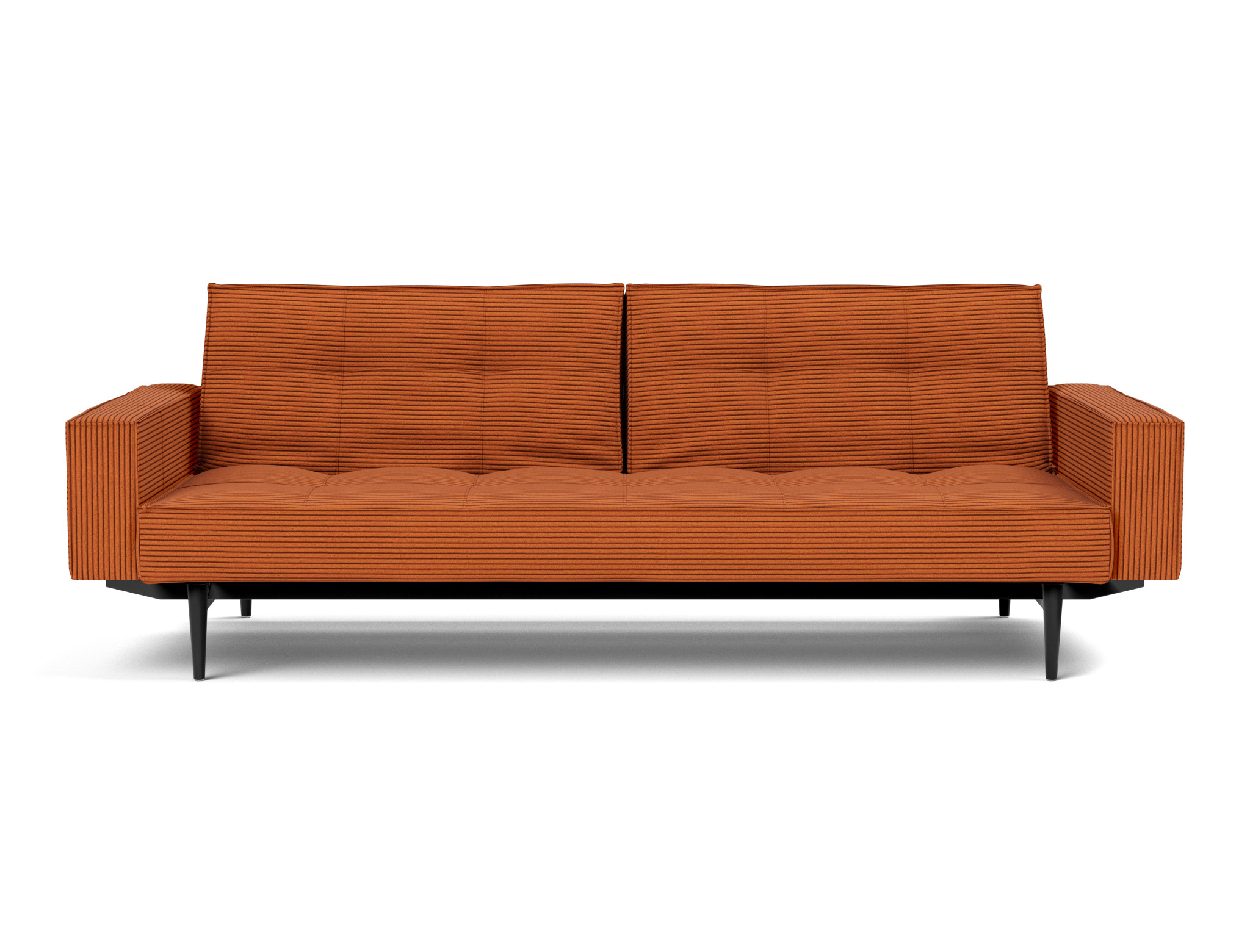 Schlafsofa Splitback mit Armlehnen Kord Corduroy 595-Burnt-Orange Beine Styletto Eiche schwarz