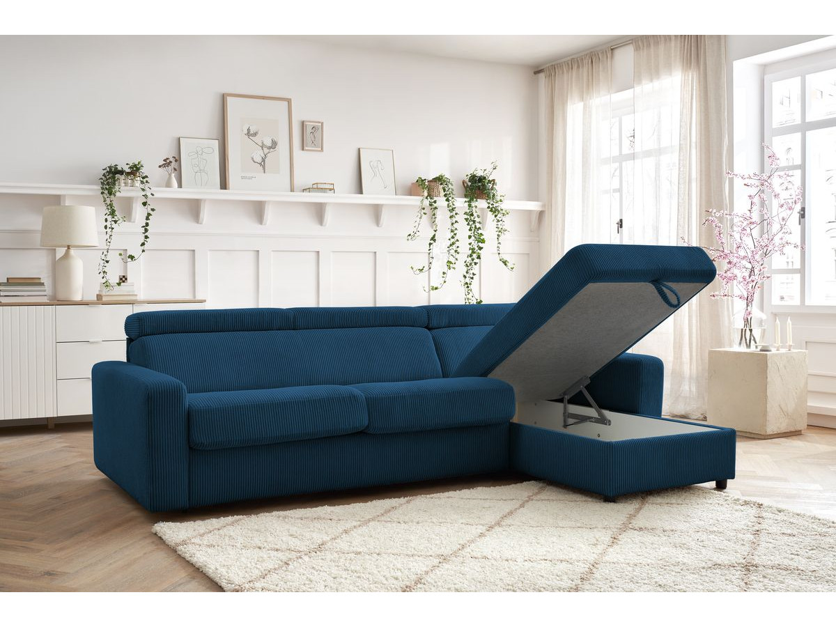 Bobochic Monaco Ecksofa mit Schlaffunktion und Bettkasten Cordsamt Dunkelblau, Liegefläche 160 × 190 cm