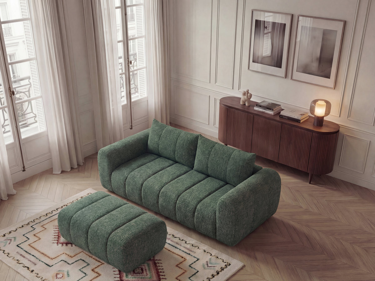 Bobochic Nesty Sofa 3-Sitzer mit Pouf Melange-Stoff Dunkelgrün