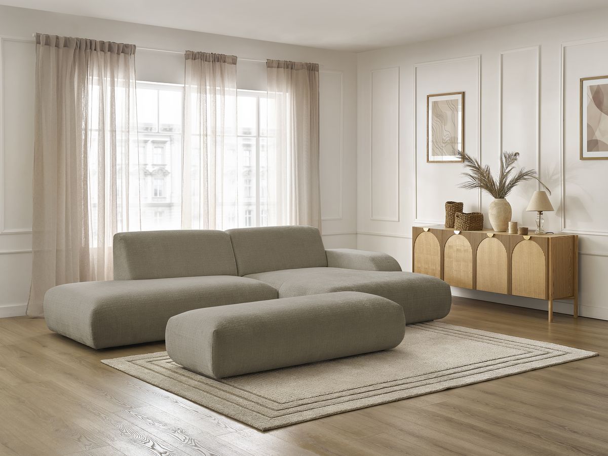 Bobochic Sirius Ecksofa mit Pouf 300 × 170 cm Strukturstoff Taupe Ecke rechts