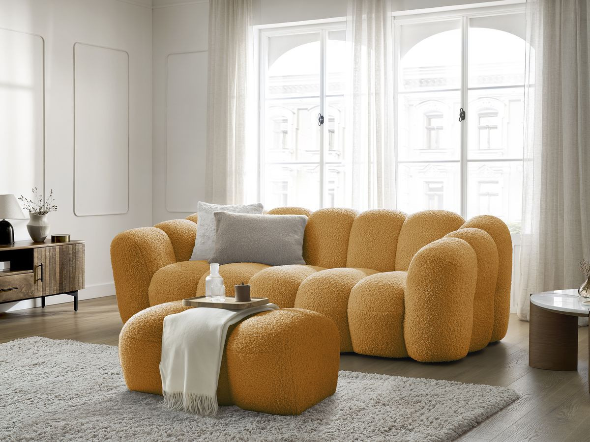 Bobochic Hippolyte Sofa 3-Sitzer mit Pouf Bouclé-Stoff Gelb