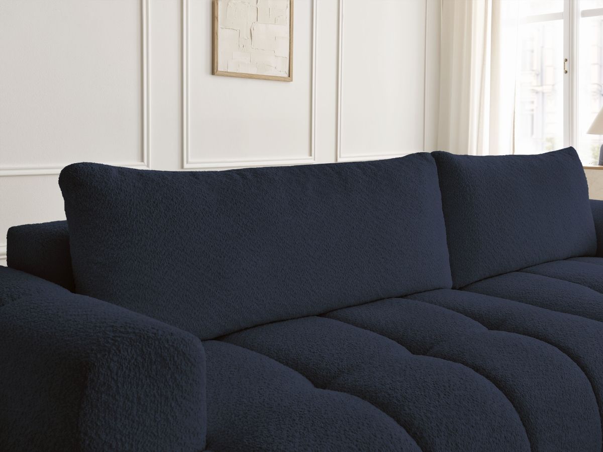 Bobochic Fuji Ecksofa mit Schlaffunktion und Bettkasten 292 × 160 cm Bouclé-Stoff Dunkelblau Ecke rechts