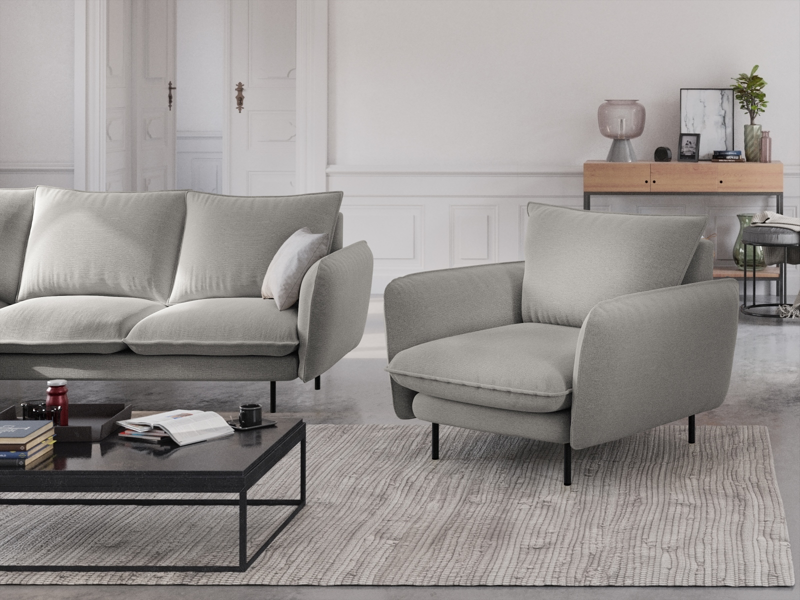 Cosmopolitan Design Sessel Vienna Strukturierter Stoff Asgard/Positano Hellgrau Beine Schwarzes Metall