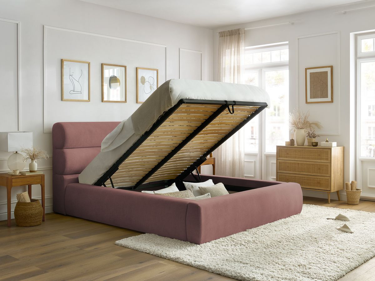 Bobochic Jagna Polsterbett mit Bettkasten Stoff Rosa, Liegefläche 160 × 200 cm