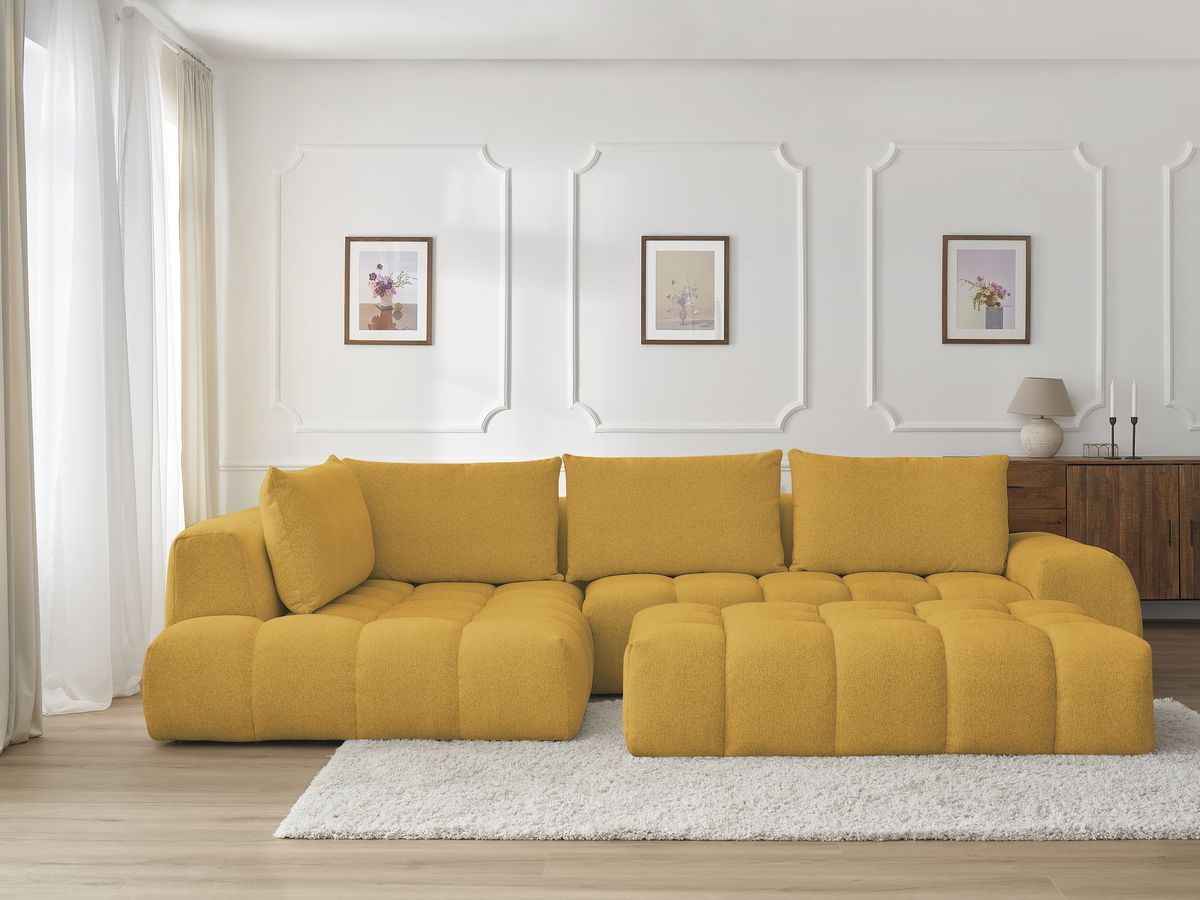 Bobochic Everest Ecksofa mit Schlaffunktion und Pouf, 4 Kissen Melange-Stoff Gelb Ecke links