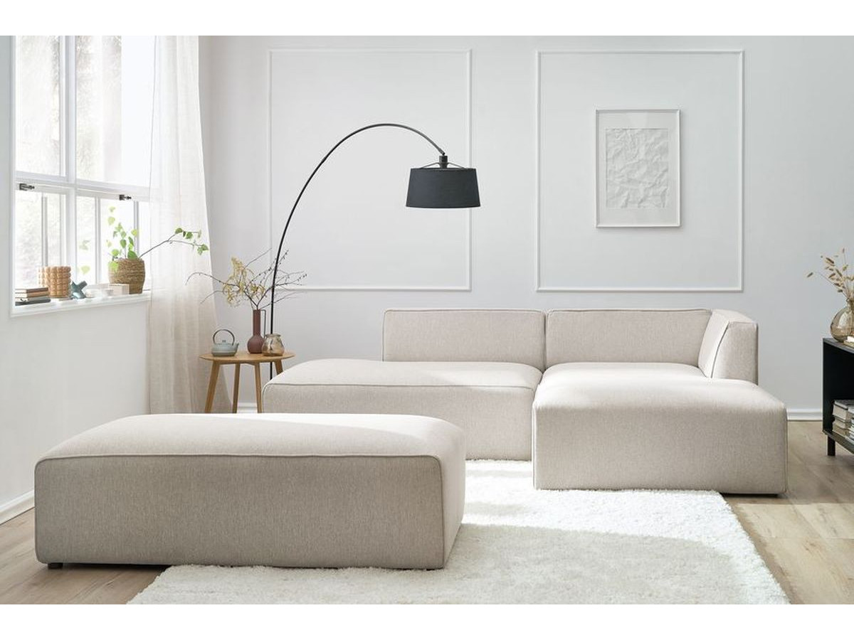 Bobochic Megeve Ecksofa mit Schlaffunktion und Pouf Melange-Stoff Beige Ecke rechts