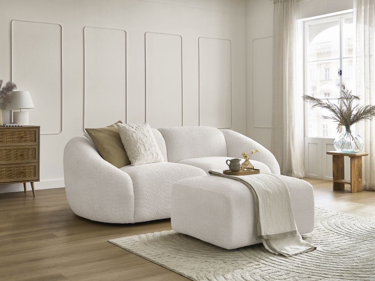 Bobochic Tina Sofa 3-Sitzer mit Pouf Bouclé-Stoff Weiß
