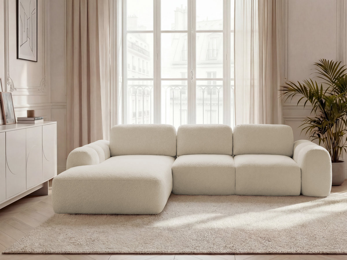 Bobochic Montaigne Ecksofa mit Schlaffunktion und Bettkasten 288 × 196 cm Bouclé-Stoff Beige Ecke links