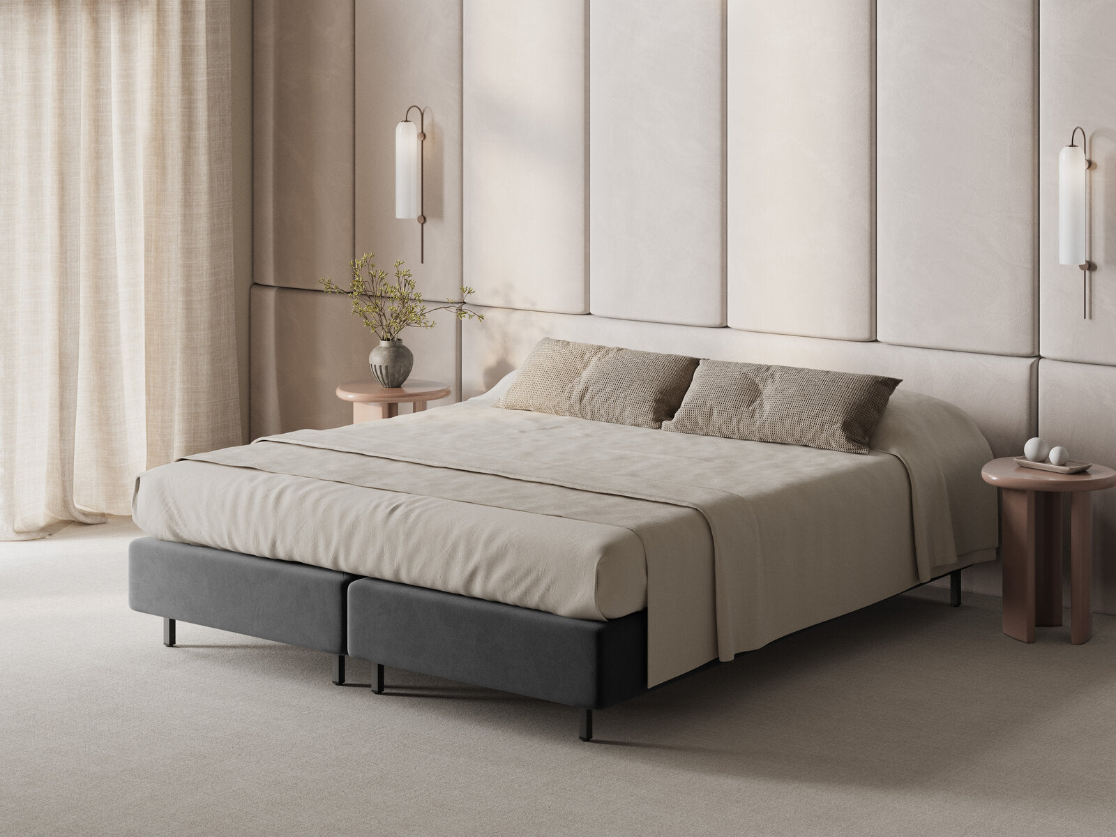 Micadoni Whale Polster-Bettgestell Samt Paris Grau Schwarzes Metall 100x200