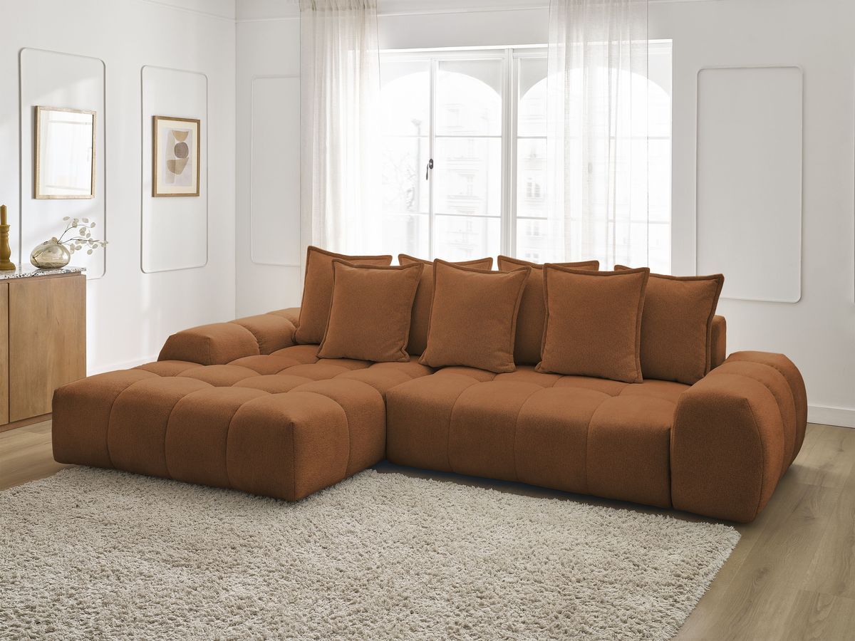 Bobochic Everest Ecksofa mit Schlaffunktion und Bettkasten 318 × 180 cm, 7 Kissen Melange-Stoff Orange Ecke links