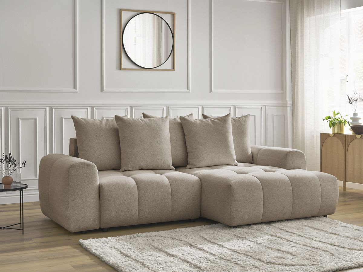 Bobochic Roxelane Ecksofa mit Schlaffunktion und Bettkasten 258 × 150 cm Melange-Stoff Taupe Ecke rechts