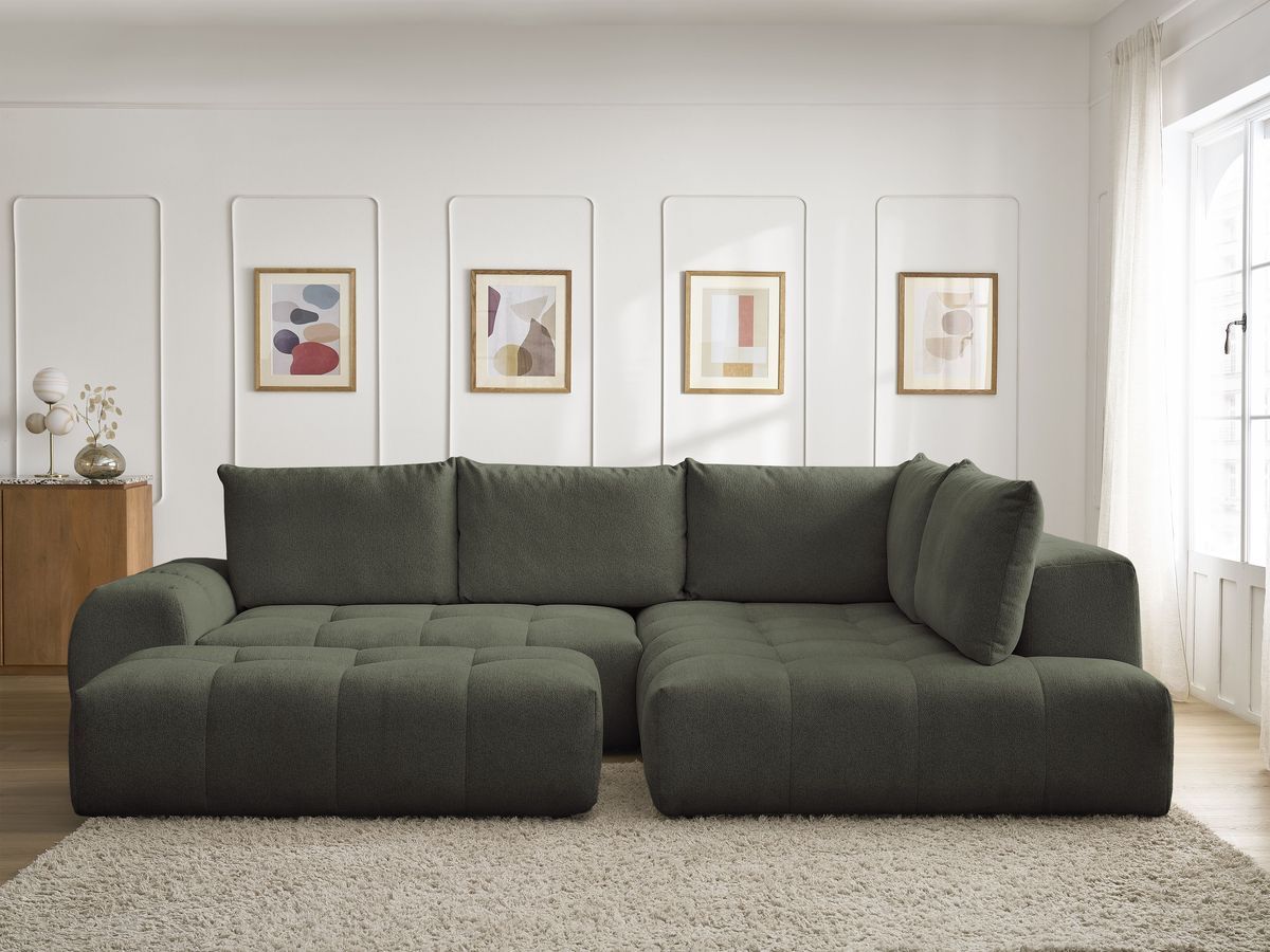 Bobochic Everest Ecksofa mit Schlaffunktion und Bettkasten und Pouf 320 × 212 cm, 5 Kissen Melange-Stoff Grün Ecke rechts