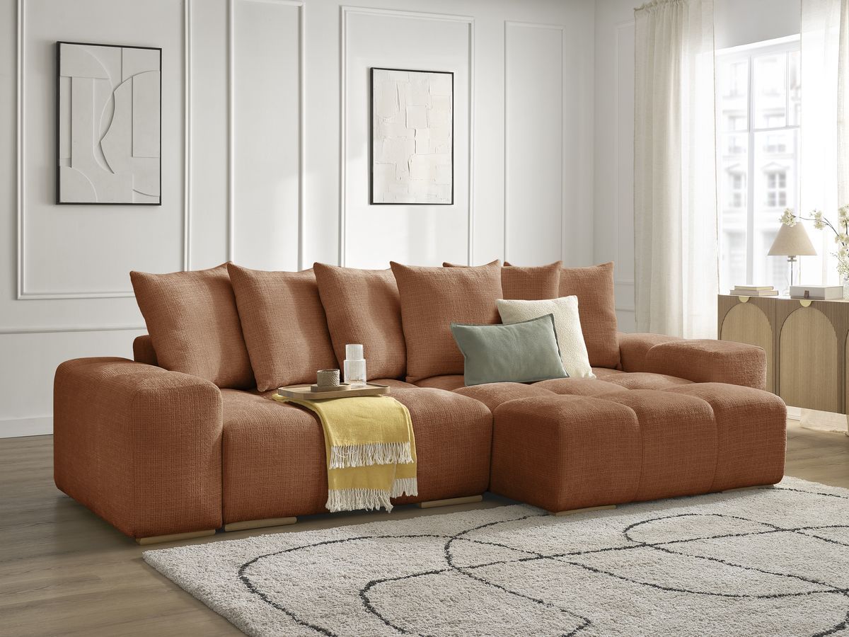 Bobochic Anakin Ecksofa mit Schlaffunktion und Bettkasten, 6 Kissen Strukturstoff Orange