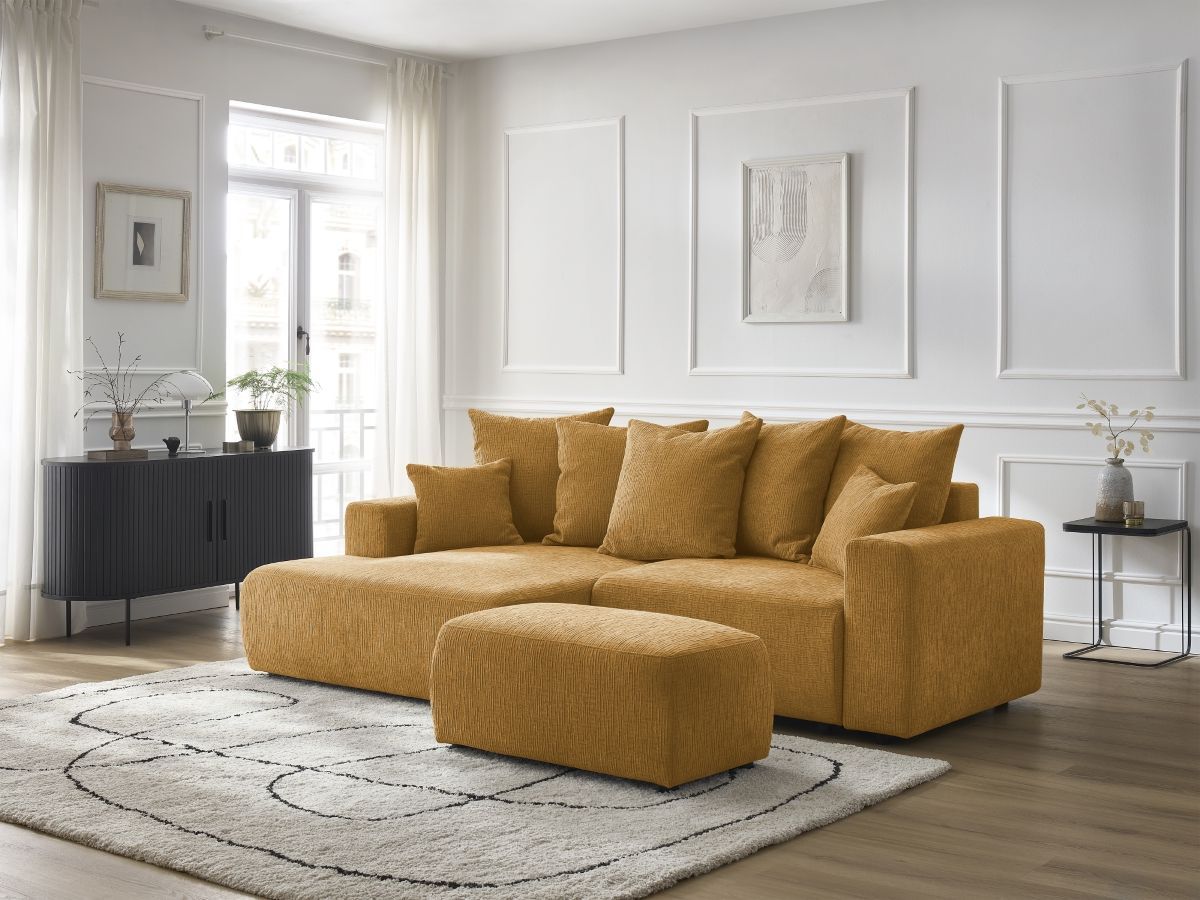 Bobochic Atilla Ecksofa mit Schlaffunktion und Bettkasten und Pouf Strukturstoff Gelb Ecke links