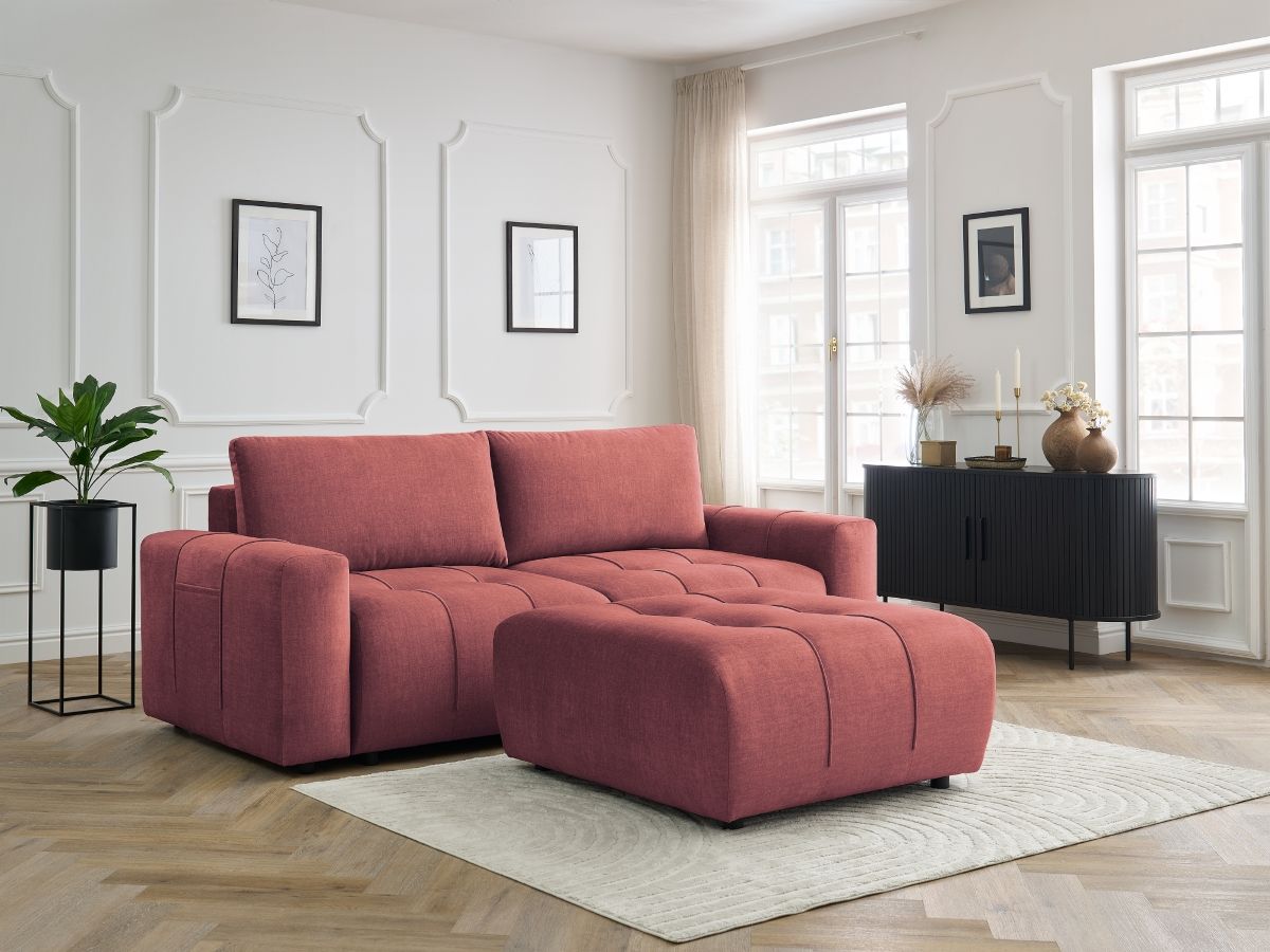 Bobochic Arsene Schlafsofa 4-Sitzer mit Bettkasten und Pouf Samt Orange