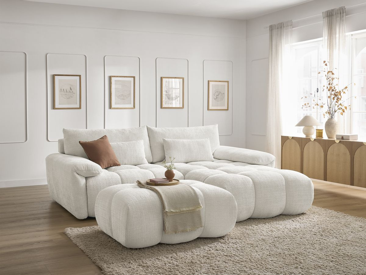 Bobochic Ivane Ecksofa mit Pouf Strukturstoff Weiß Ecke rechts