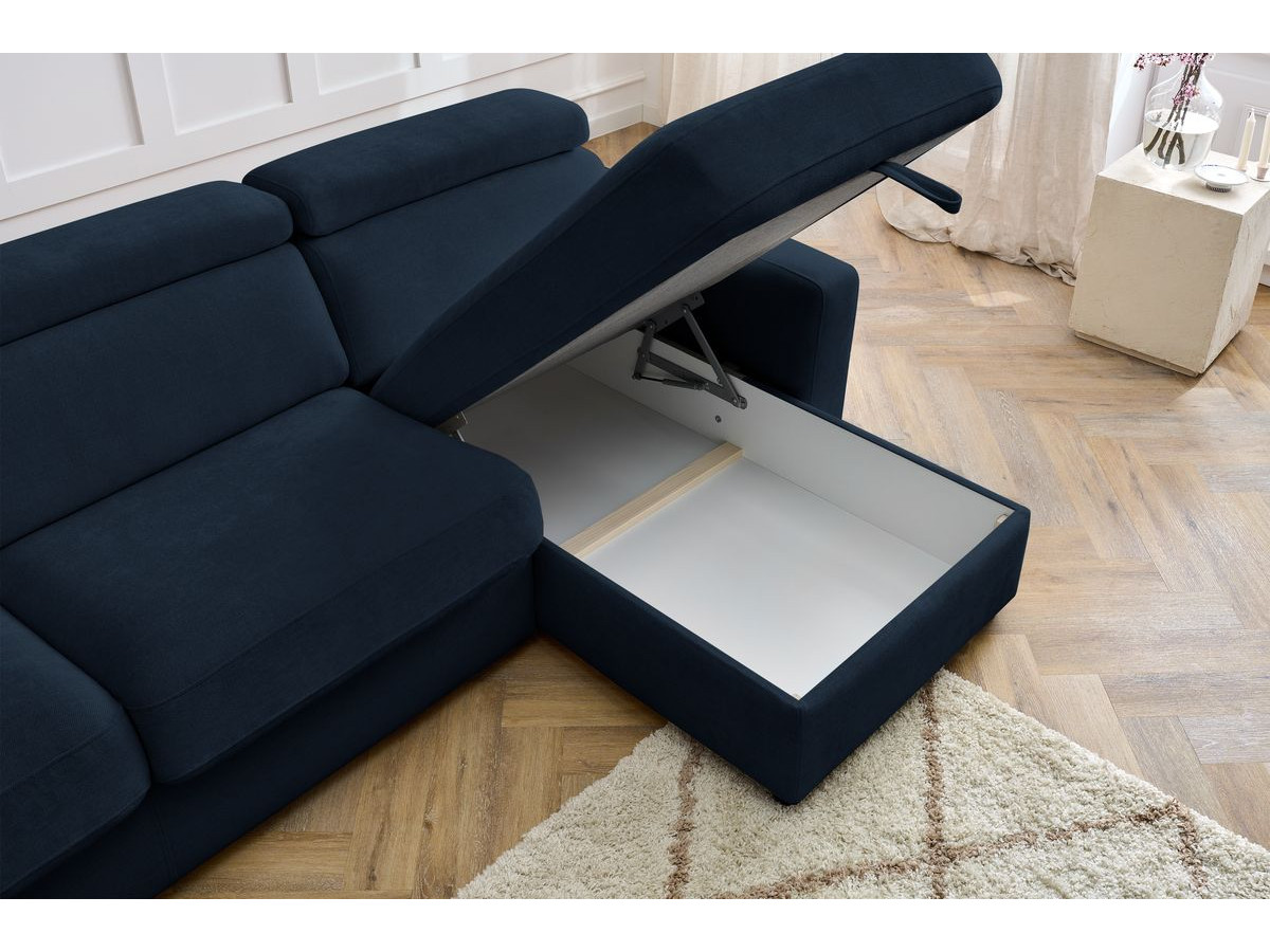 Bobochic Monaco Ecksofa mit Schlaffunktion und Bettkasten Stoff Dunkelblau, Liegefläche 160 × 190 cm