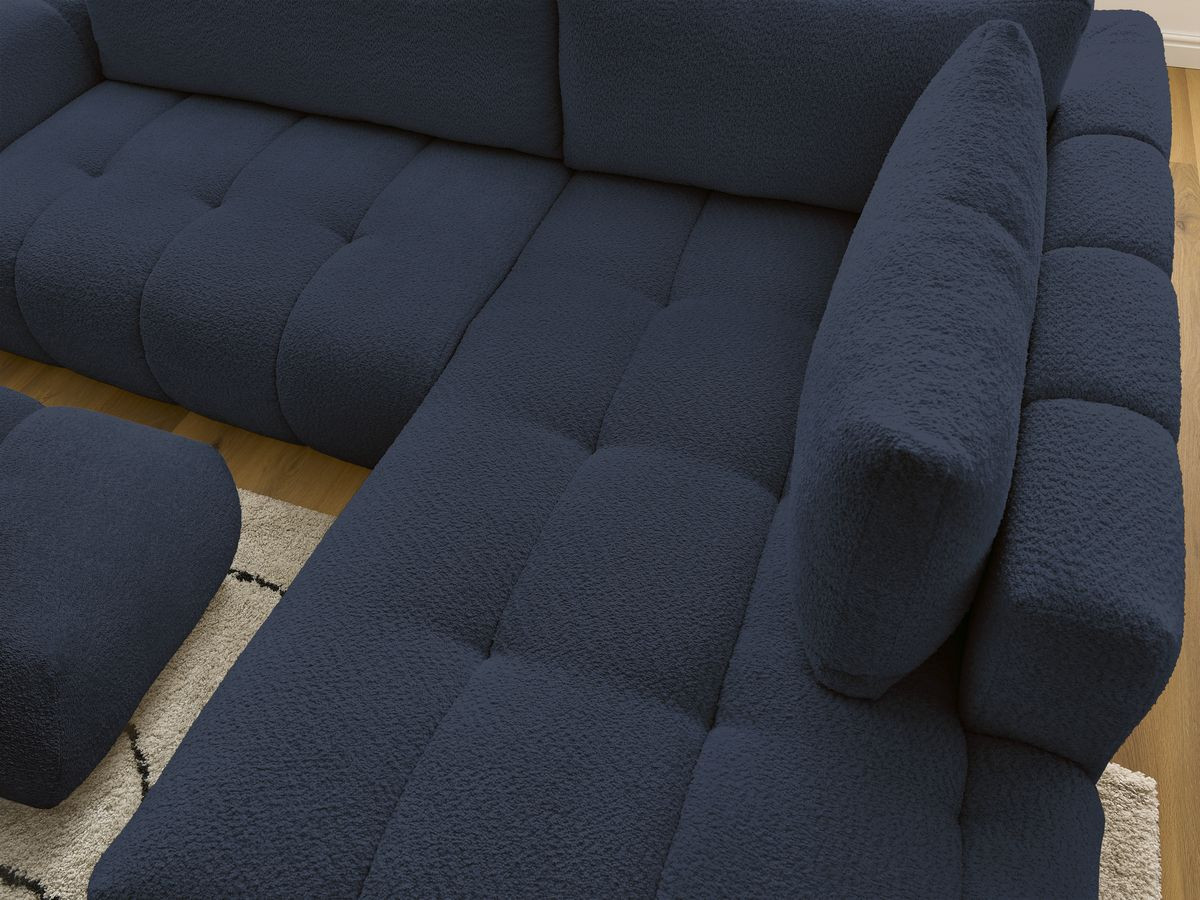 Bobochic Fuji Ecksofa mit Schlaffunktion und Bettkasten und Pouf 282 × 204 cm Bouclé-Stoff Dunkelblau Ecke rechts