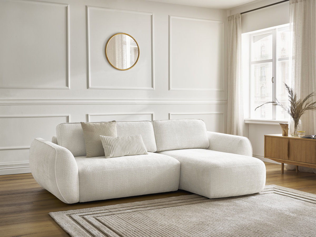Bobochic Denise Ecksofa mit Schlaffunktion und Bettkasten 258 × 160 cm Strukturstoff Weiß Ecke rechts