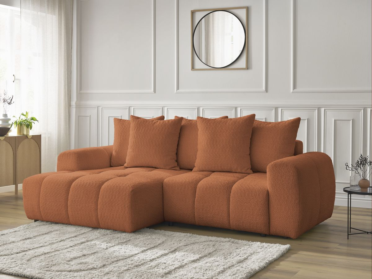 Bobochic Roxelane Ecksofa mit Schlaffunktion und Bettkasten 258 × 150 cm Bouclé-Stoff Orange Ecke links