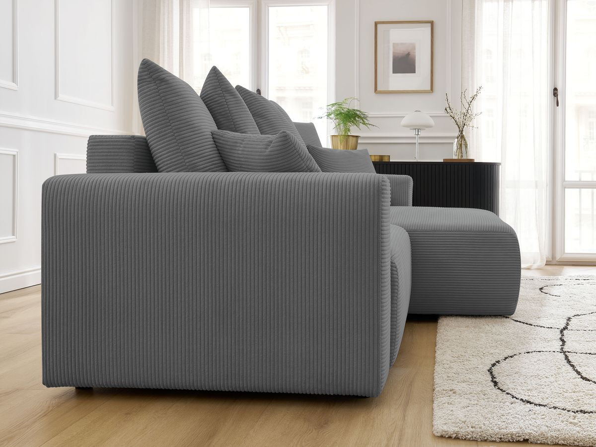 Bobochic Atilla Ecksofa mit Schlaffunktion und Bettkasten Cordsamt Dunkelgrau Ecke rechts
