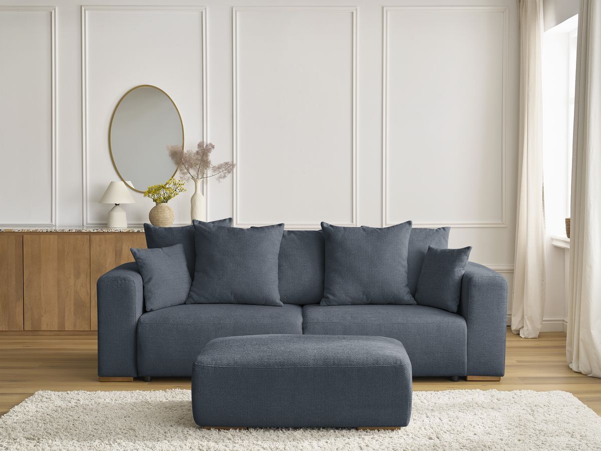 Bobochic Sidonie Schlafsofa 4-Sitzer mit Bettkasten und Pouf Melange-Stoff Dunkelblau