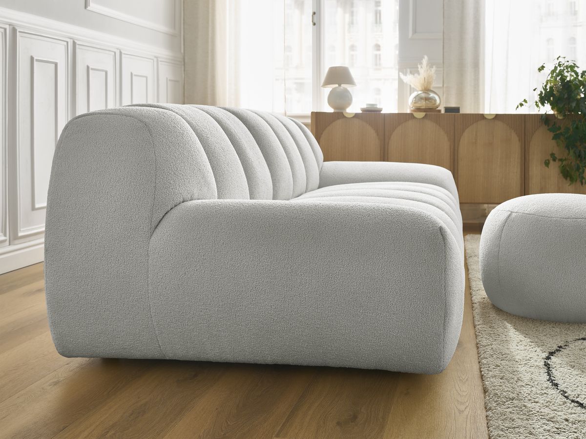 Bobochic Hayden Sofa 3-Sitzer mit Pouf 226 × 107 cm Bouclé-Stoff Hellgrau