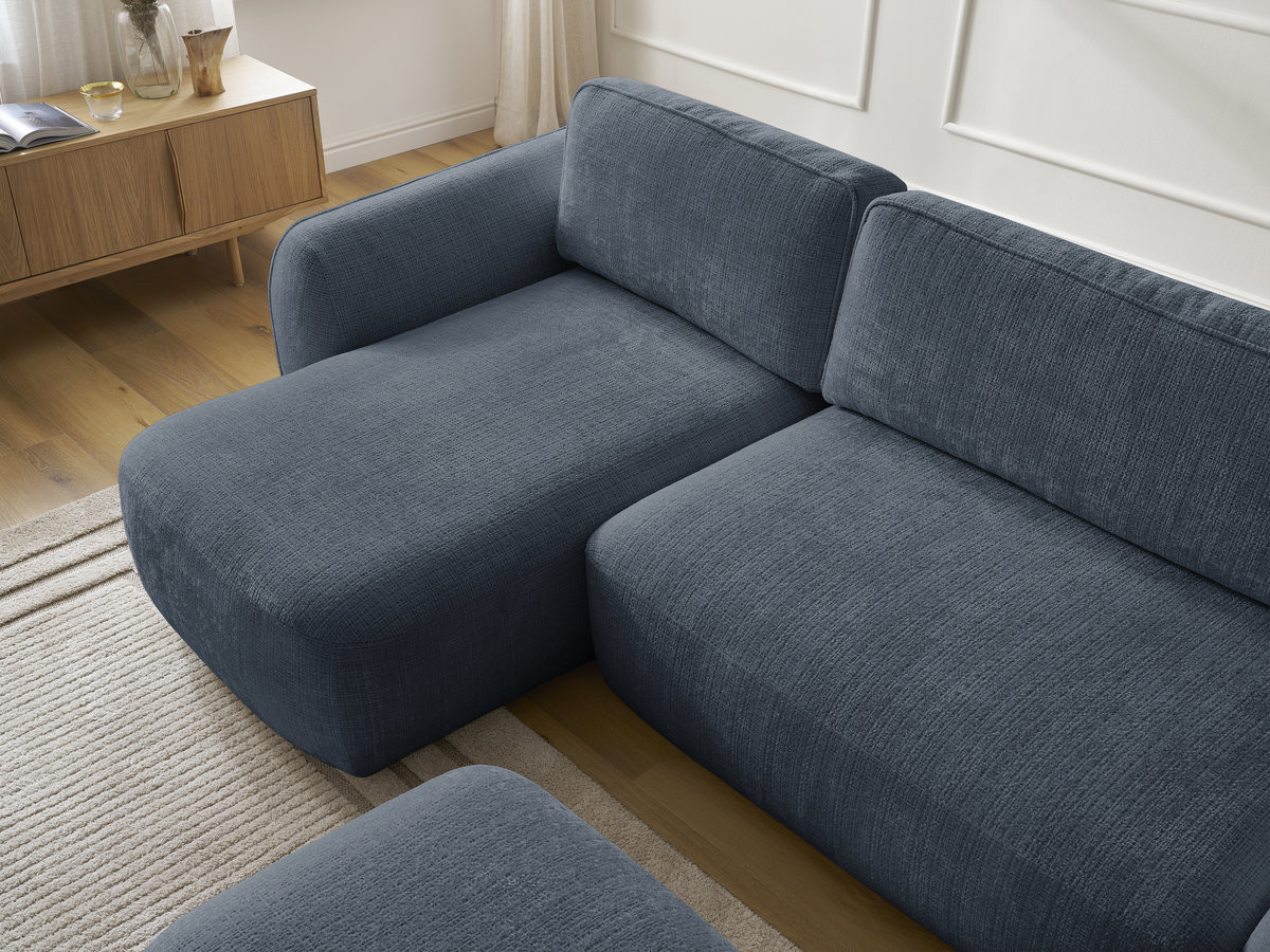 Bobochic Denise Ecksofa mit Schlaffunktion und Bettkasten und Pouf 258 × 160 cm Strukturstoff Dunkelblau Ecke links