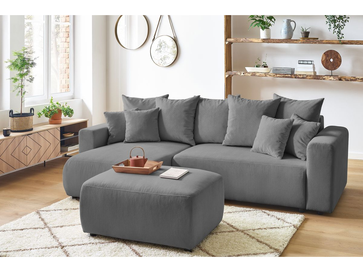 Bobochic Envy Ecksofa mit Schlaffunktion und Bettkasten und Pouf Cordsamt Dunkelgrau