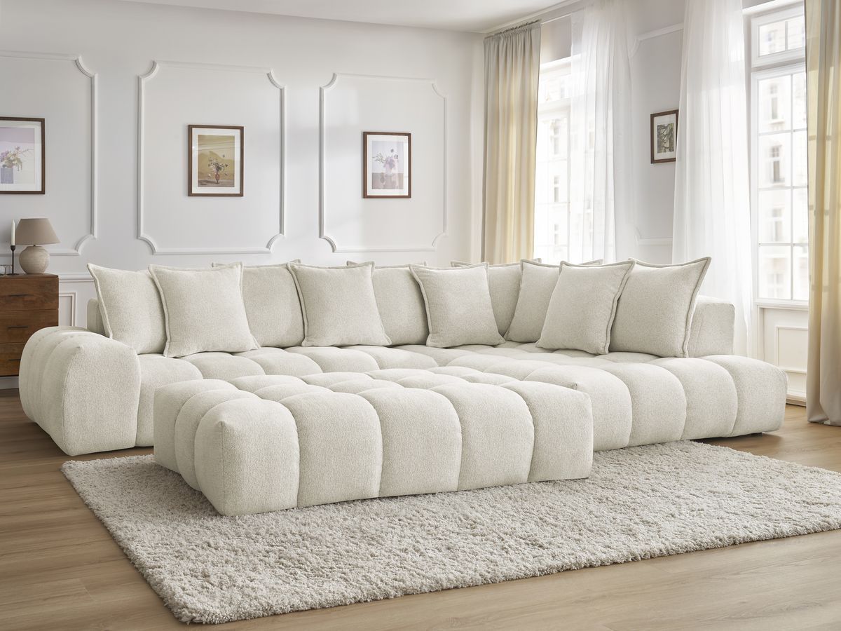 Bobochic Everest Ecksofa mit Schlaffunktion und Pouf, 10 Kissen Melange-Stoff Weiß Ecke rechts