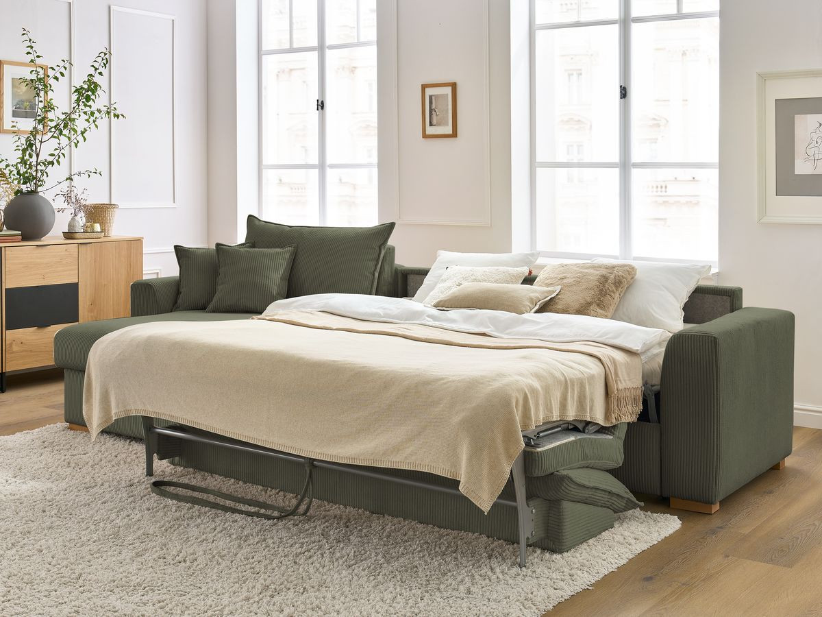 Bobochic Augustin Ecksofa mit Schlaffunktion und Bettkasten Cordsamt Hellgrün, Liegefläche 160 × 200 cm
