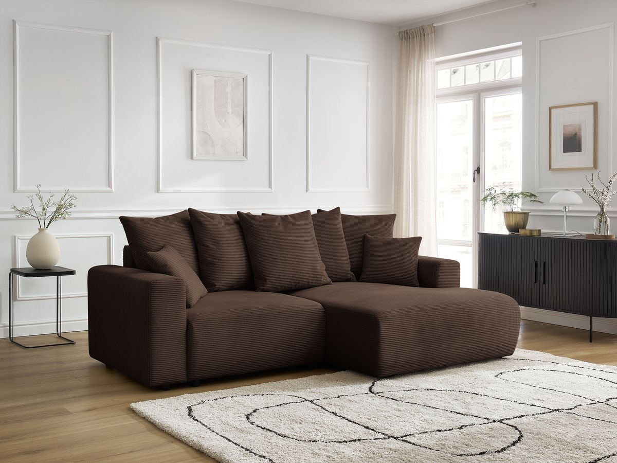 Bobochic Atilla Ecksofa mit Schlaffunktion und Bettkasten Cordsamt Braun Ecke rechts