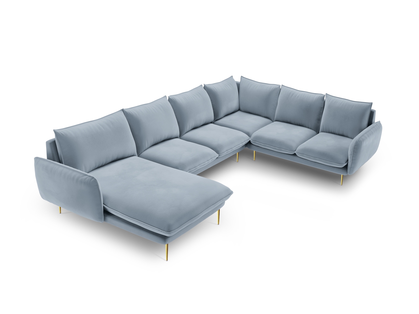 Cosmopolitan Design Panoramasofa Vienna 7-Sitzer Samt Bluvel Hellblau Rechts Beine Gold