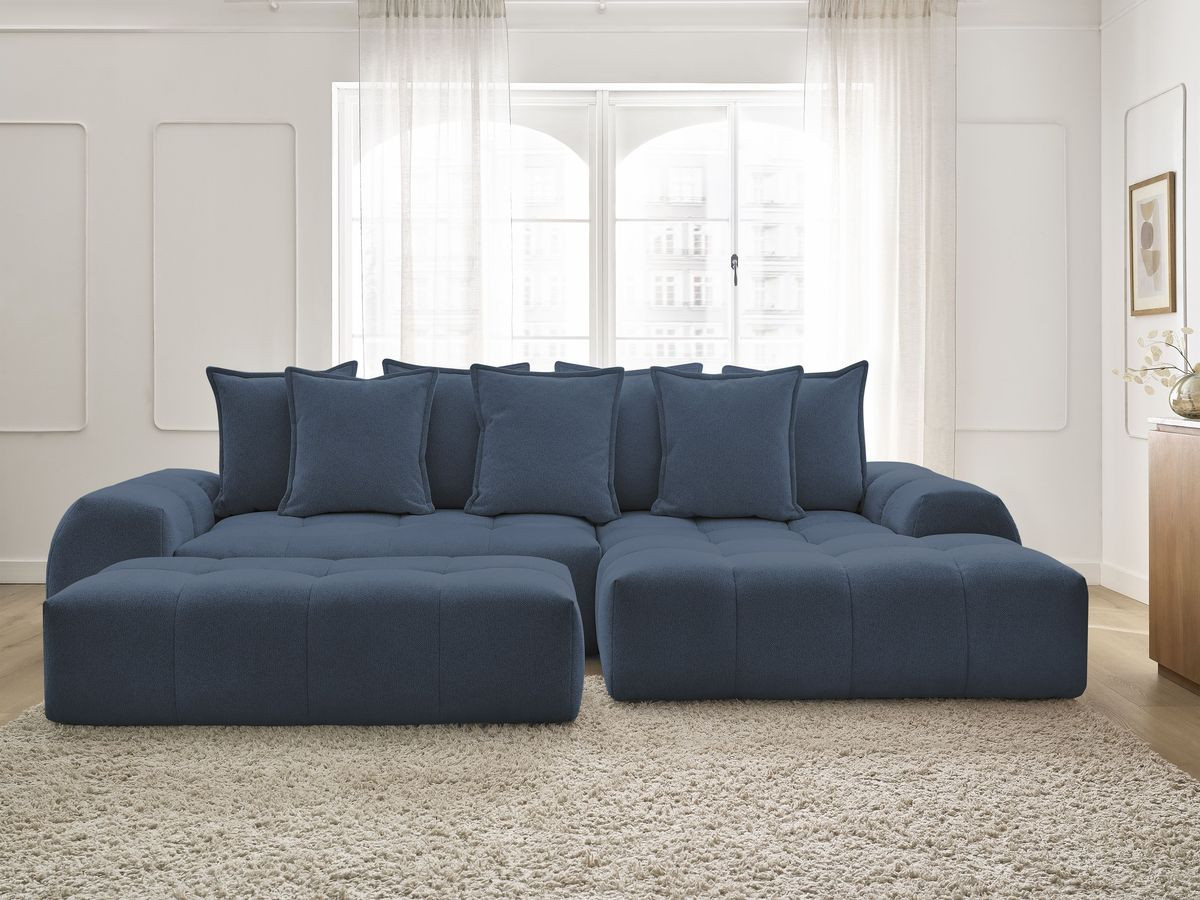 Bobochic Everest Ecksofa mit Schlaffunktion und Bettkasten und Pouf 318 × 180 cm, 7 Kissen Melange-Stoff Dunkelblau Ecke rechts
