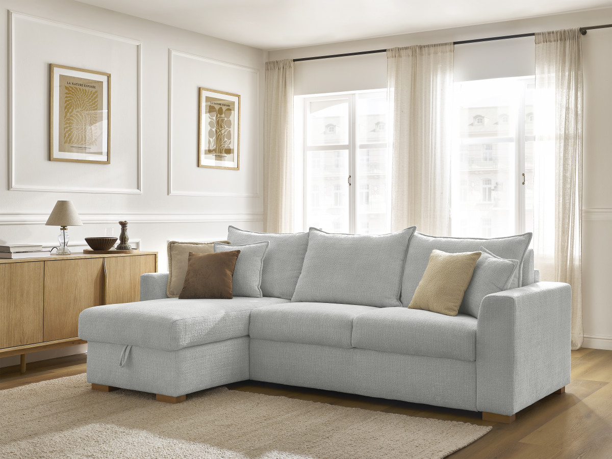 Bobochic Augustin Ecksofa mit Schlaffunktion und Bettkasten Strukturstoff Hellgrau, Liegefläche 140 × 200 cm