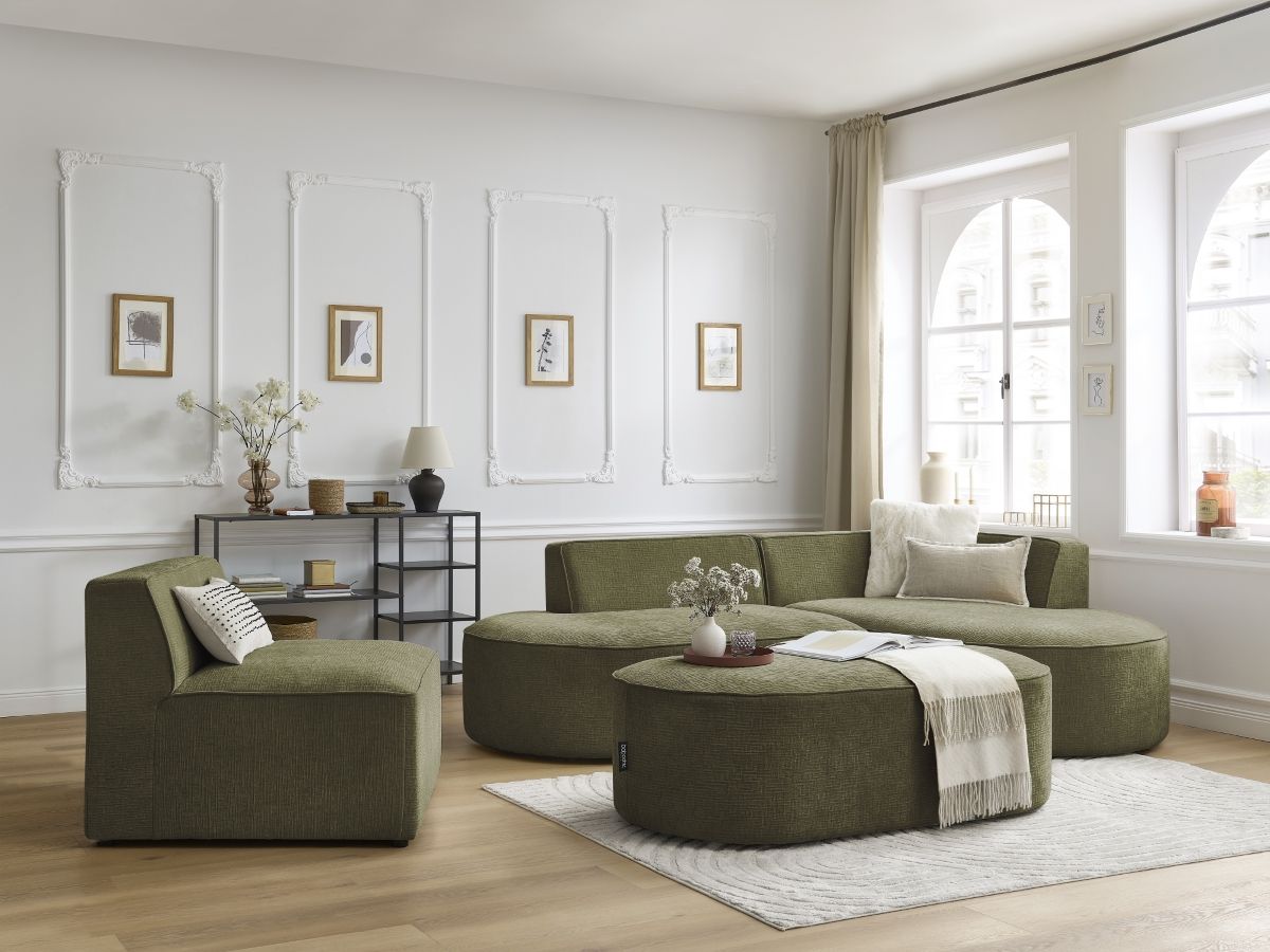Bobochic Rousseau Ecksofa mit Sofamodul und Pouf Strukturstoff Grün Ecke rechts