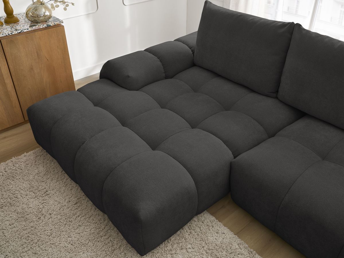 Bobochic Everest Ecksofa mit Schlaffunktion und Bettkasten 318 × 180 cm, 3 Kissen Strukturstoff Schwarz Ecke links