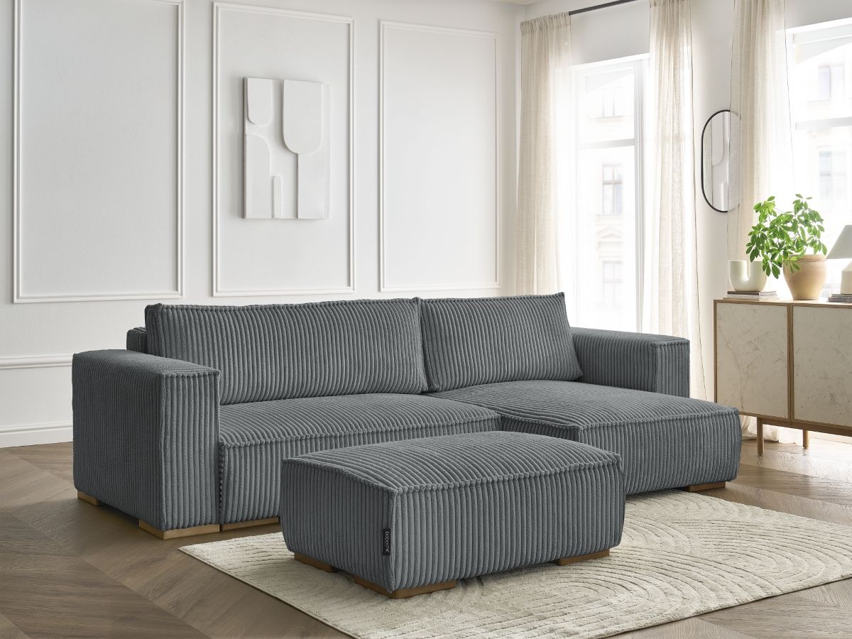 Bobochic Chelsea Ecksofa mit Schlaffunktion und Bettkasten und Pouf Breitcord weich Dunkelgrau