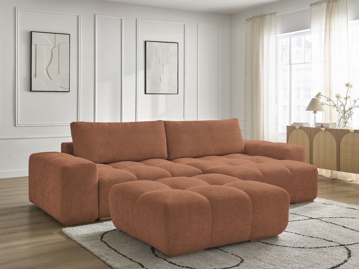 Bobochic Anakin Ecksofa mit Schlaffunktion und Bettkasten und Pouf, 2 Kissen Bouclé-Stoff Orange