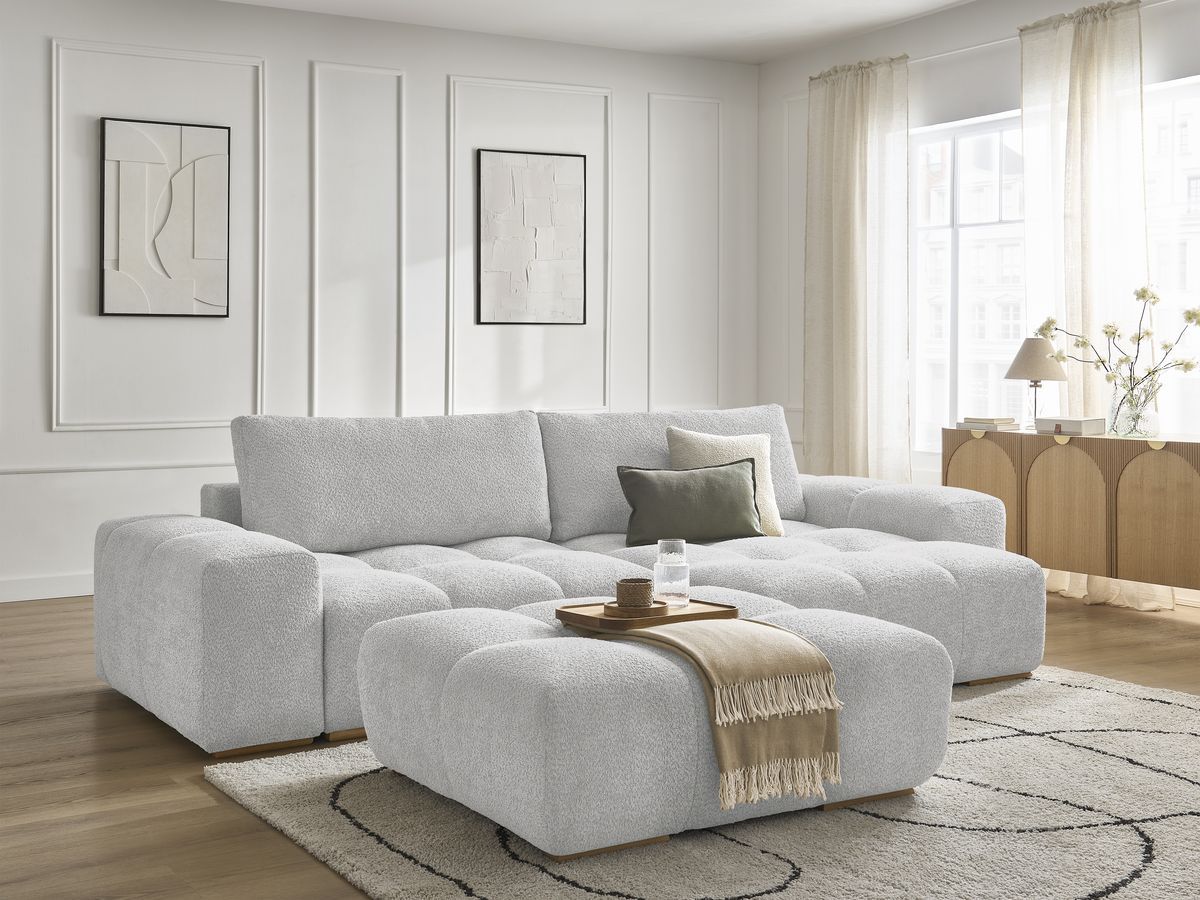 Bobochic Anakin Ecksofa mit Schlaffunktion und Bettkasten und Pouf, 2 Kissen Bouclé-Stoff Hellgrau