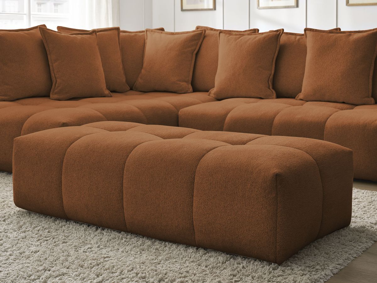 Bobochic Everest Ecksofa mit Schlaffunktion und Bettkasten und Pouf 320 × 212 cm, 10 Kissen Melange-Stoff Orange Ecke links
