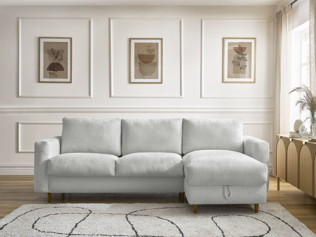 Bobochic Cocoone Ecksofa mit Schlaffunktion und Bettkasten Strukturstoff Hellgrau, Liegefläche 160 × 200 cm