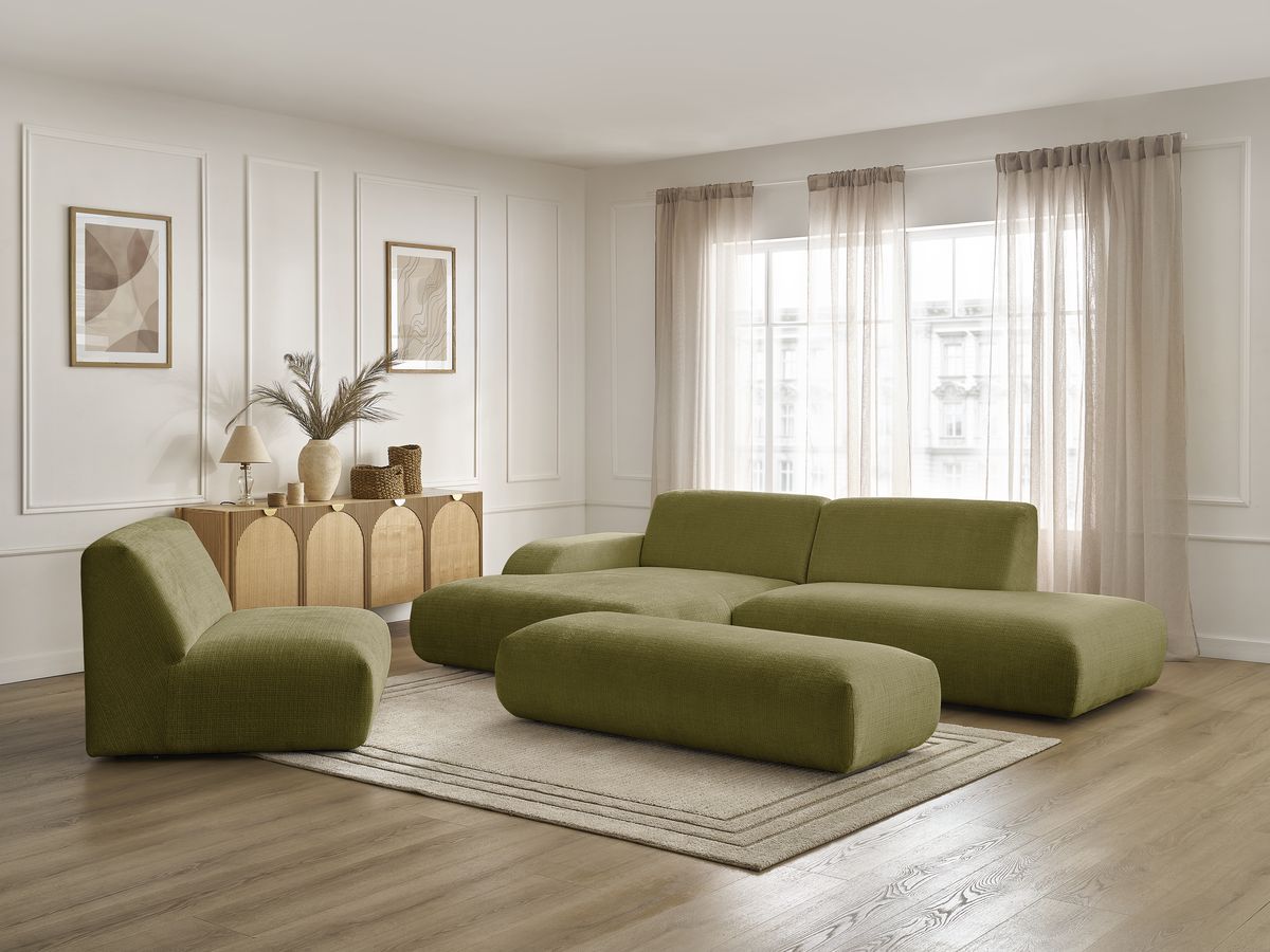 Bobochic Sirius Ecksofa mit Pouf 405 × 170 cm Strukturstoff Grün Ecke links