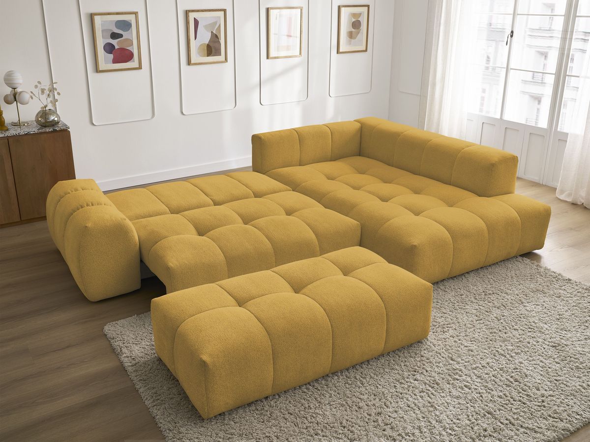 Bobochic Everest Ecksofa mit Schlaffunktion und Bettkasten und Pouf 320 × 212 cm, 5 Kissen Melange-Stoff Gelb Ecke rechts