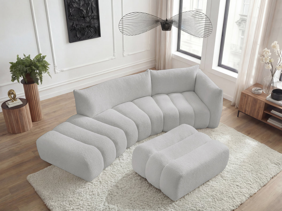 Bobochic Azra Ecksofa mit Pouf 325 × 112 cm Bouclé-Stoff Hellgrau Ecke rechts