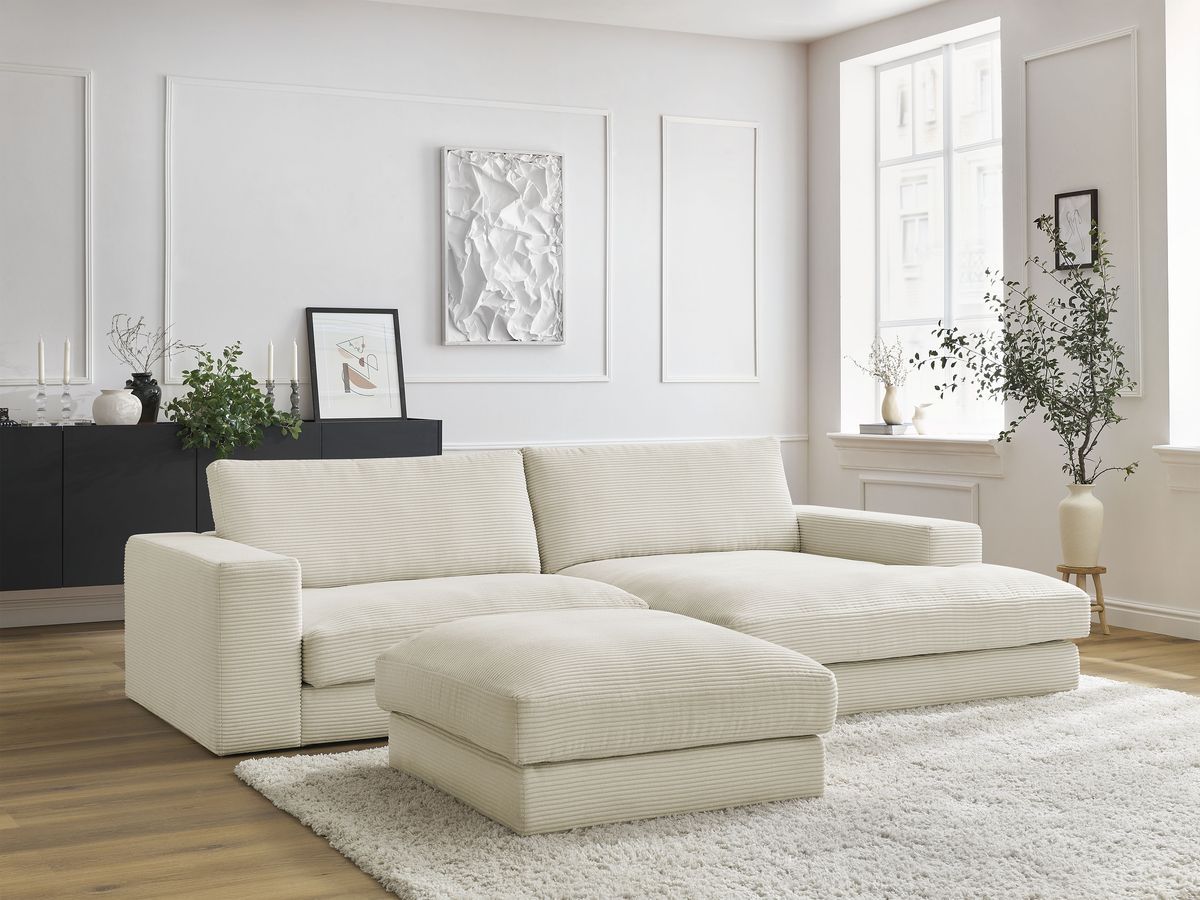 Bobochic Leonard Ecksofa mit Pouf 274 × 159 cm Cordsamt Beige Ecke rechts