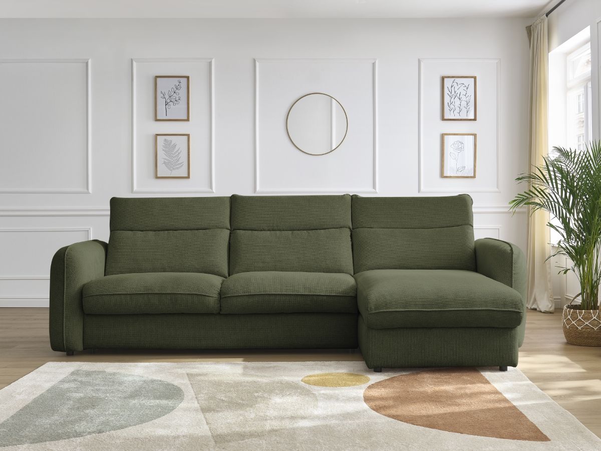 Bobochic Achille Ecksofa mit Schlaffunktion und Bettkasten Melange-Stoff Grün, Liegefläche 160 × 200 cm